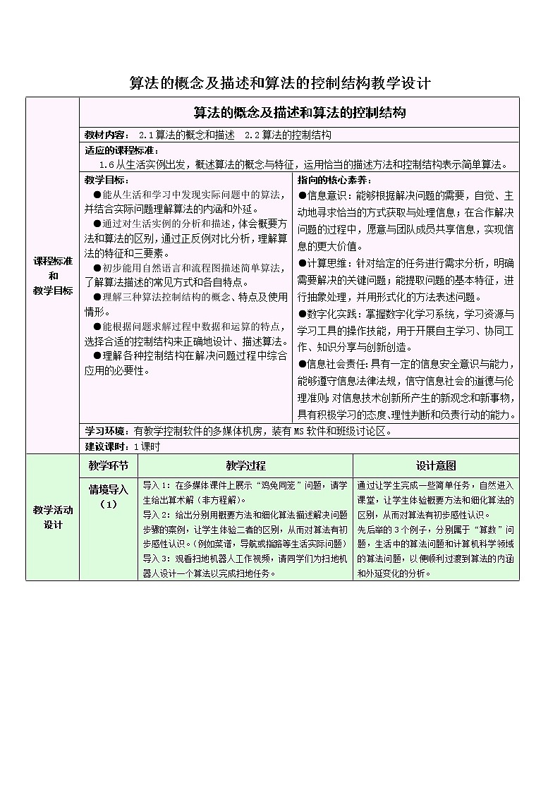 浙教版（2019）信息技术 必修1  2.1 算法的概念及描述 2.2 算法的控制结构 教学设计01
