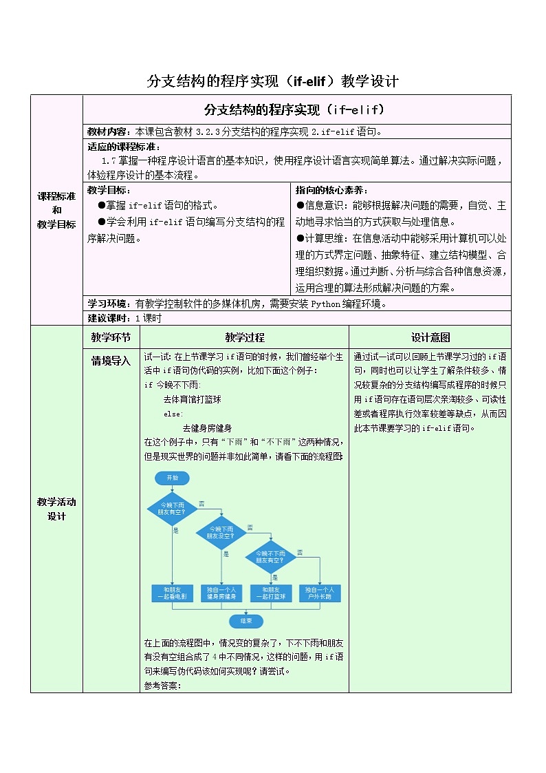 浙教版（2019） 必修1 数据与计算 3.2.3.1 分支结构的程序实现（if-elif）教学设计第1页