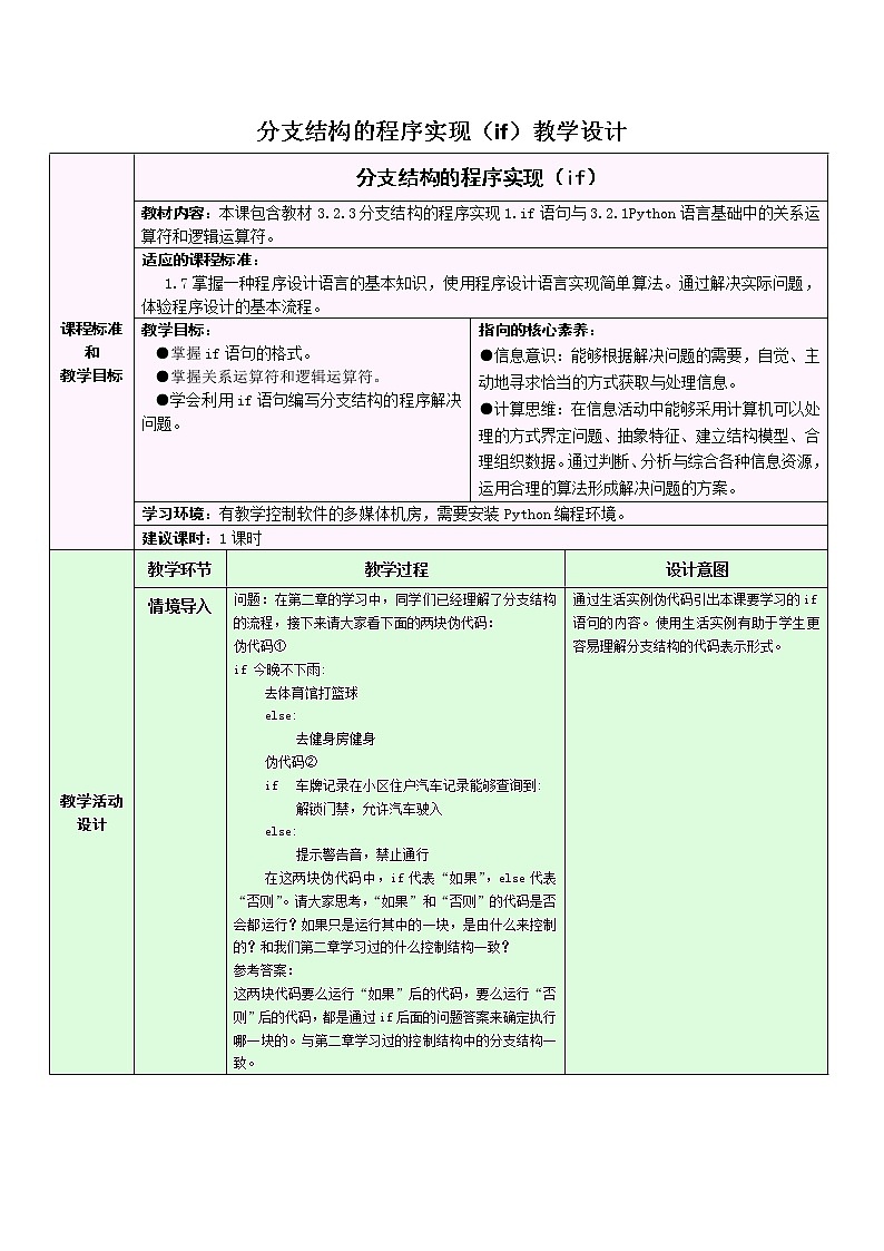 浙教版（2019） 必修1 数据与计算 3.2.3.1 分支结构的程序实现（if）教学设计第1页