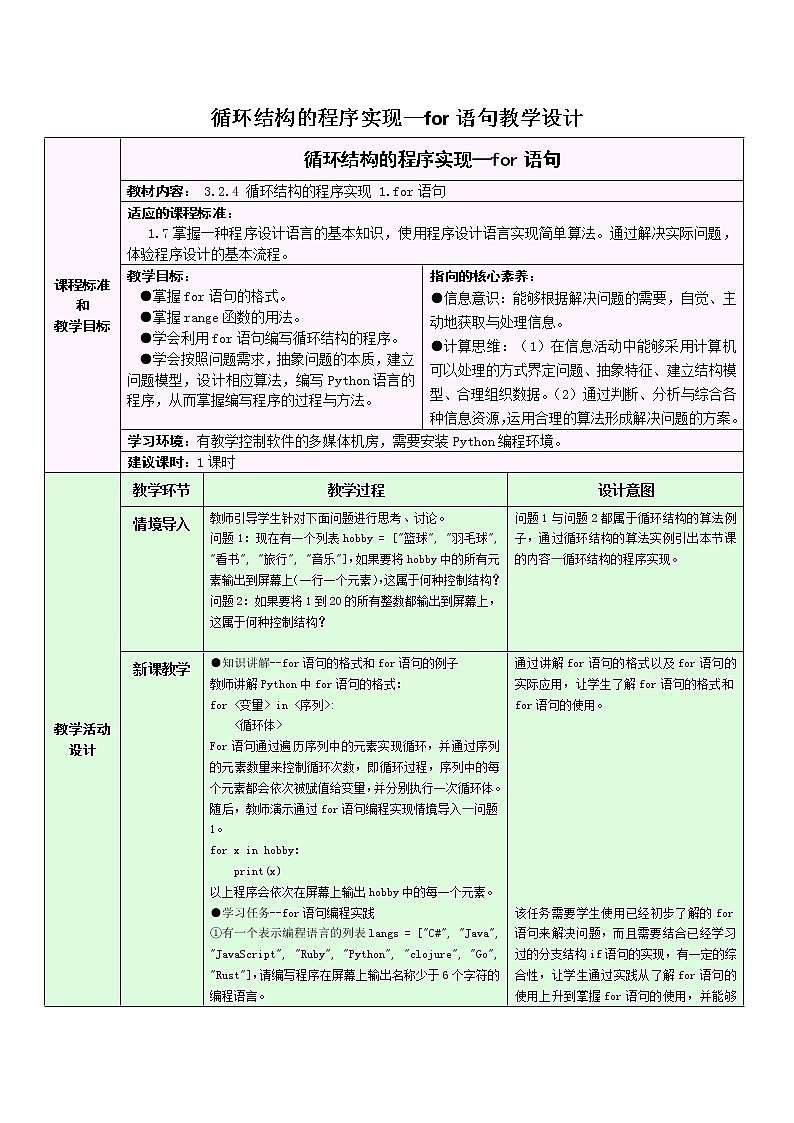 浙教版（2019）信息技术 必修1  3.2.4 Python语言程序设计——循环结构的程序实现 教学设计（2课时）01