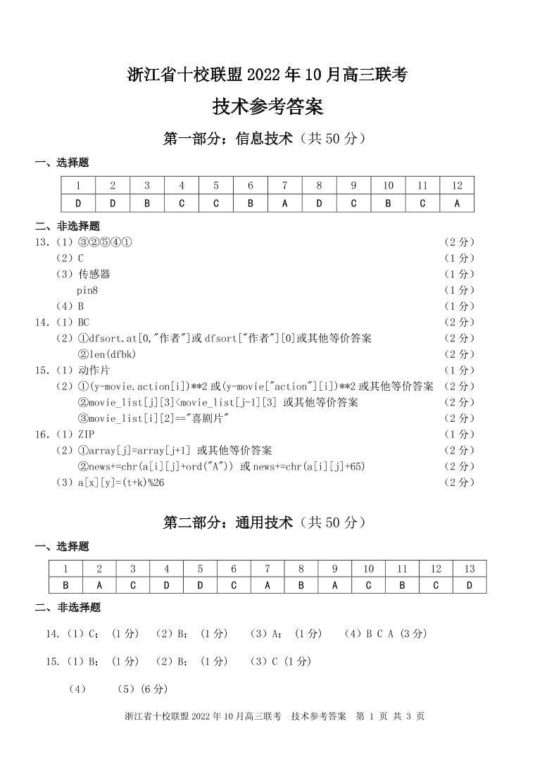 2023浙江省十校联盟高三上学期10月联考 技术试题及答案01
