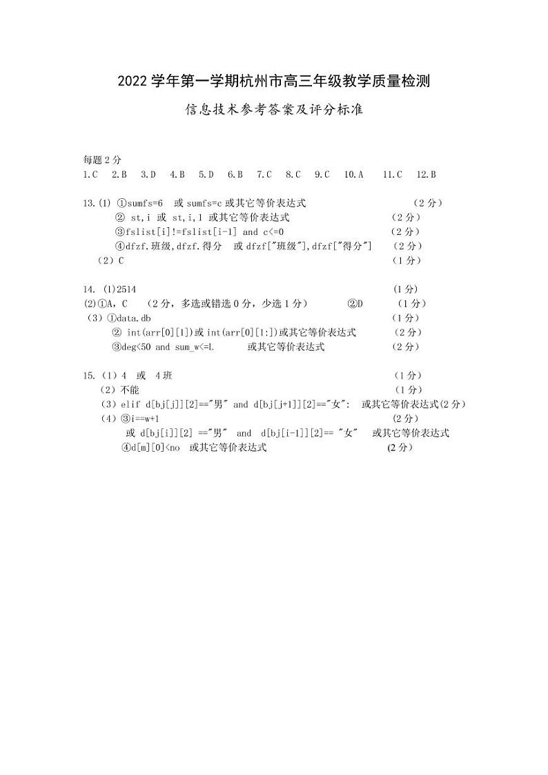 2022学年第一学期杭州市高三年级教学质量检测信息技术参考答案及评分标准第1页