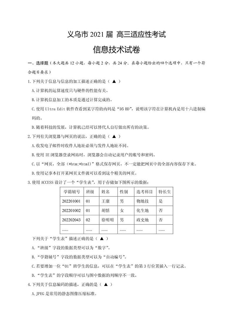 2021届浙江省金华市义乌市高三下学期5月高考适应性考试信息技术试题 PDF版第1页