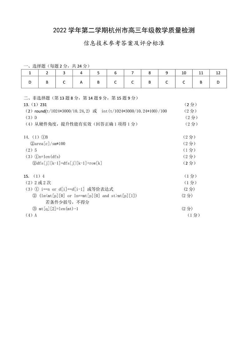 浙江省杭州市2022-2023学年高三下学期教学质量检测（二模）信息技术答案及评分标准01