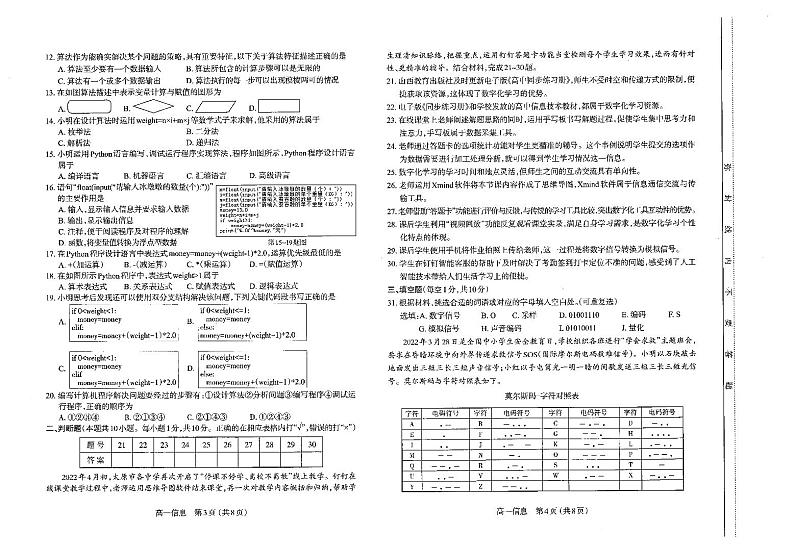 山西省太原市2021-2022高一下学期期末信息技术试卷+答案02
