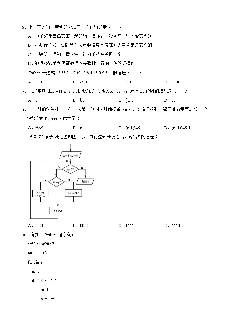 浙江省金华市两校2022-2023学年高二上学期信息技术12月阶段测试试卷02