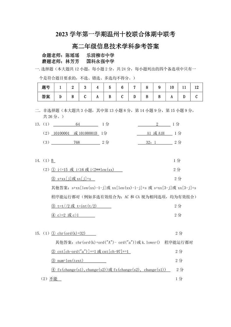 2023学年第一学期温州十校联合体高二年级期中联考 信息技术参考答案第1页