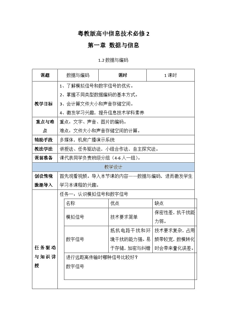 粤教版高中信息技术必修1《数据与计算》1.2数据与编码课件01