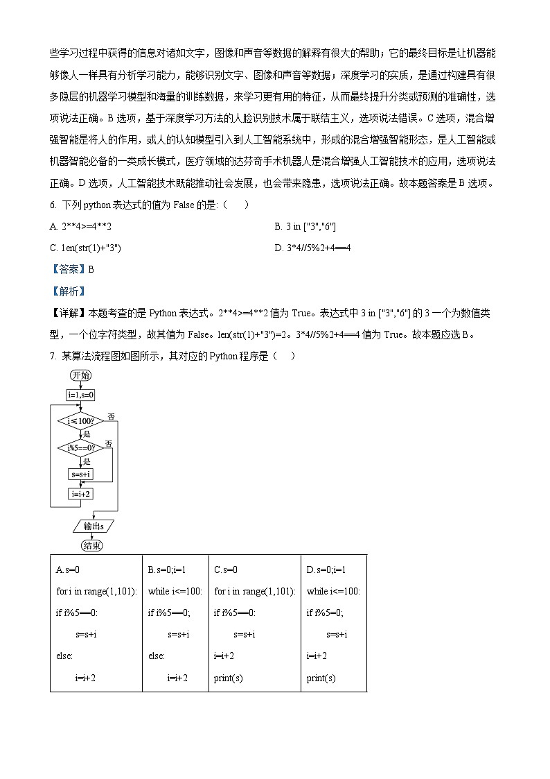 浙江省四校2023-2024学年高二下学期3月联考信息技术试卷（Word版附解析）03