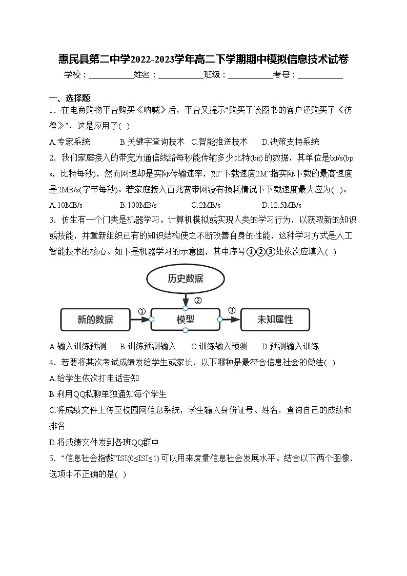 惠民县第二中学2022-2023学年高二下学期期中模拟信息技术试卷(含答案)第1页