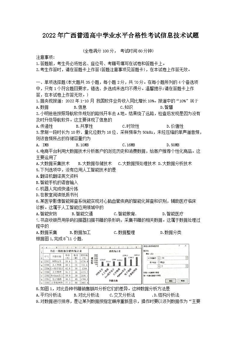 2022年广西普通高中学业水平合格性考试信息技术试题01