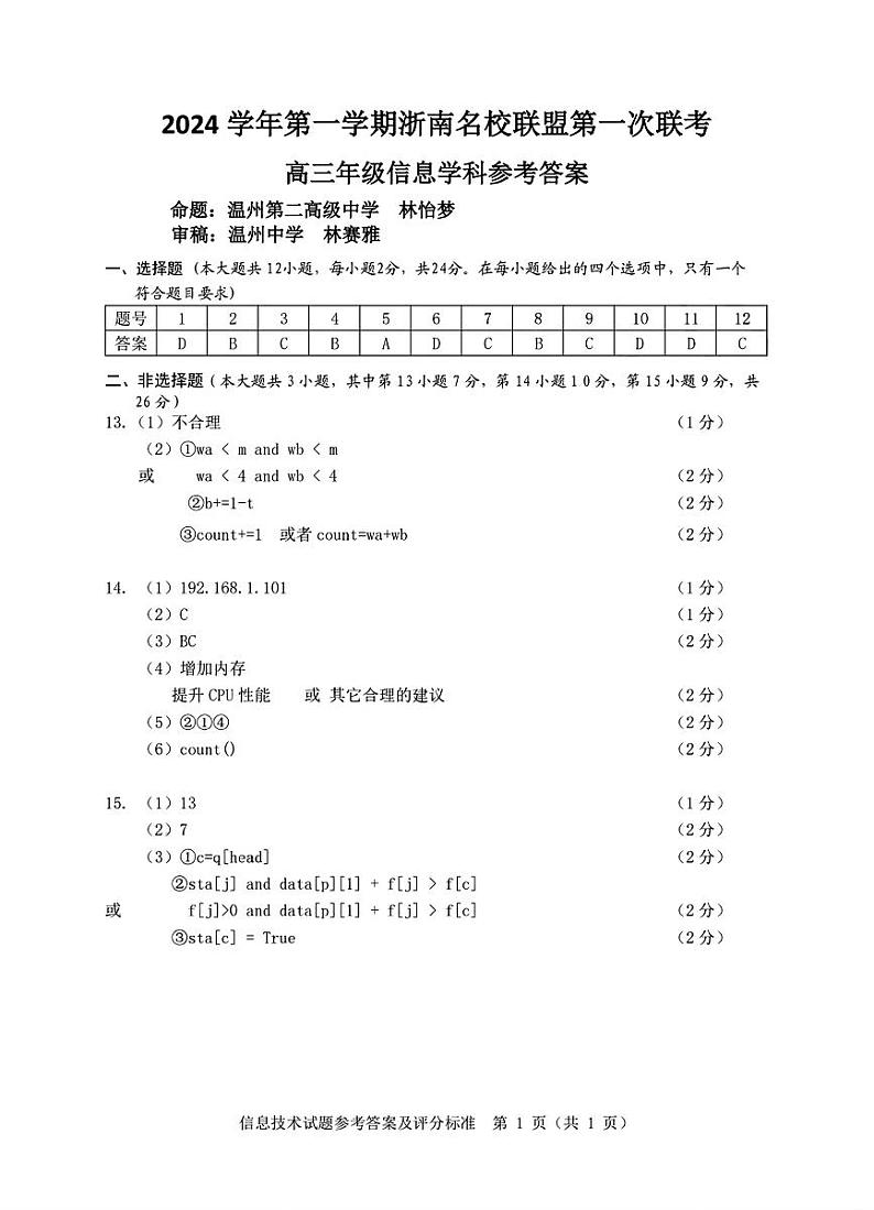 2024学年第一学期浙南名校联盟高三第一次联考试卷+技术答案第1页