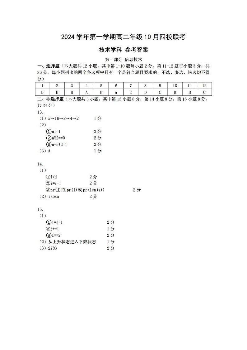 浙江省2024学年第一学期高二年级10月四校联考试卷技术答案第1页