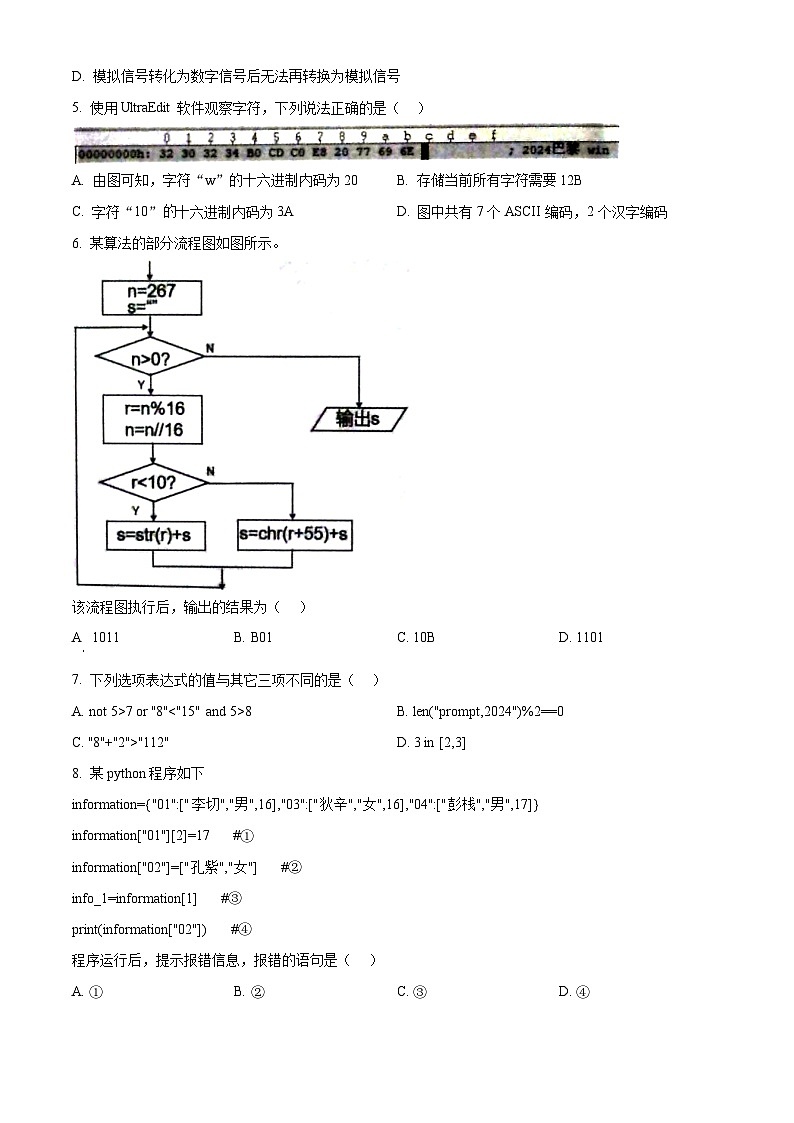 浙江省七彩阳光新高考研究联盟2024-2025学年高二上学期11月期中技术试题-高中信息技术 Word版无答案第2页