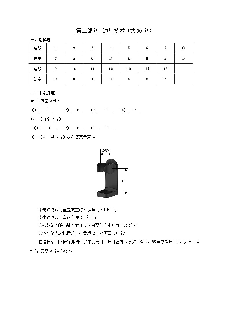 诸暨市高一通用技术期末考试试卷（2024.12）参考答案第1页