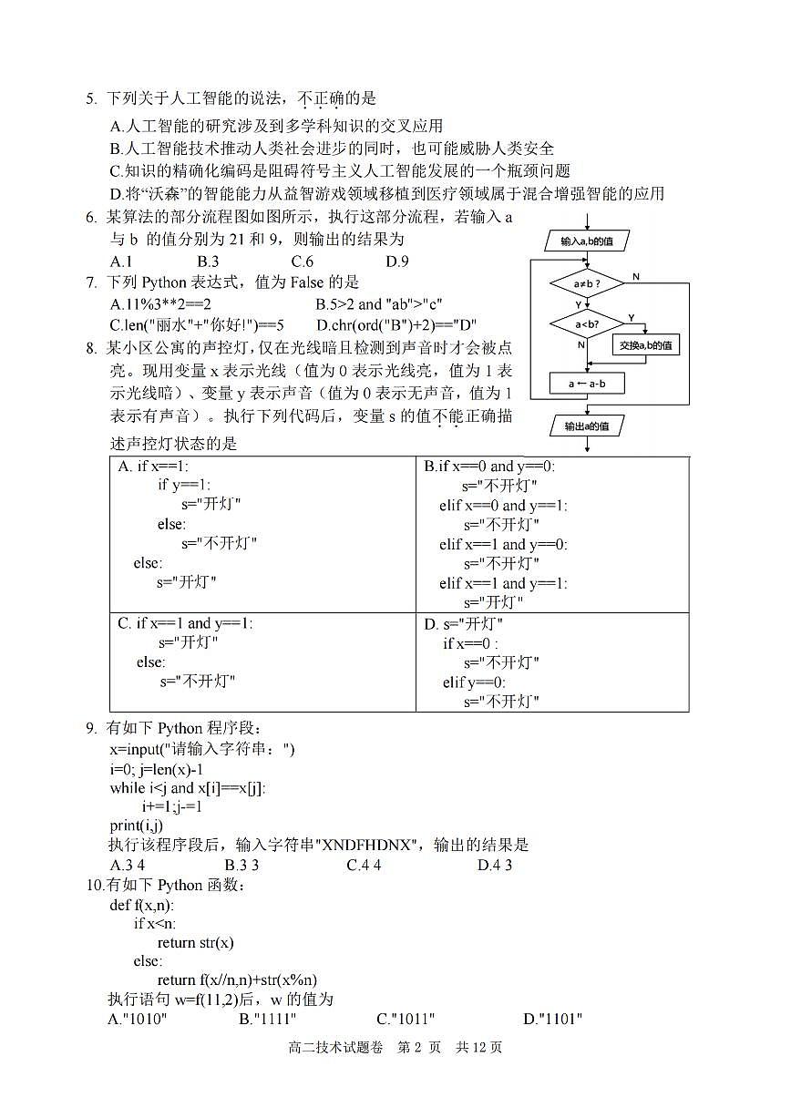 浙江省丽水市2024-2025学年高二上学期期末考试技术试题（PDF版附答案）第2页