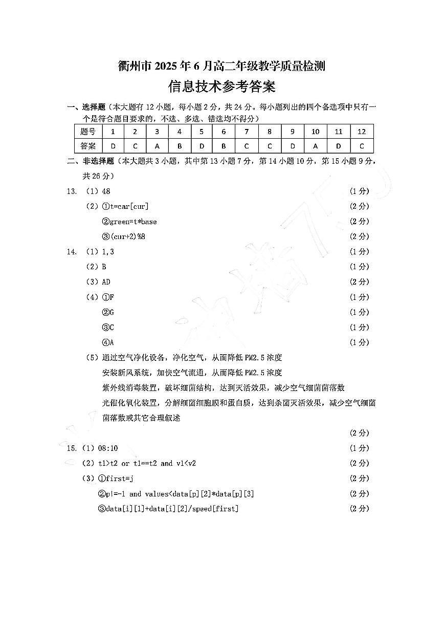 技术答案-2506衢州高二期末第1页