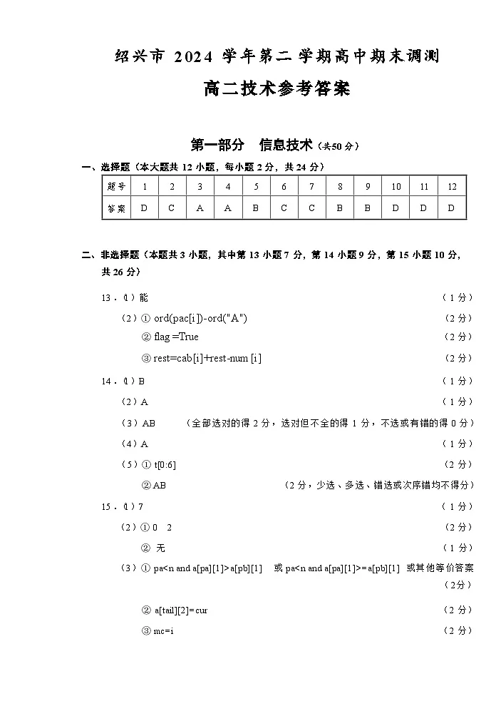 技术试题卷｜2506绍兴高二下期末统考答案.docx第1页
