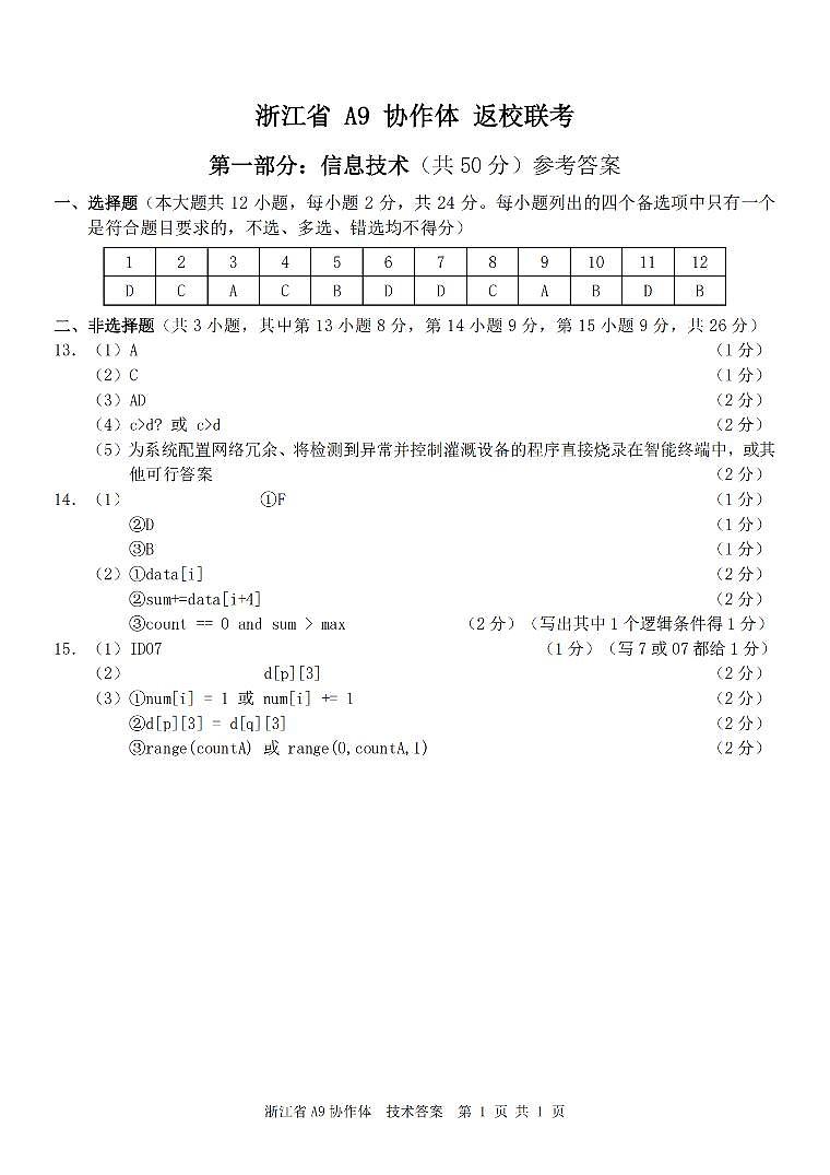 浙江省A9协作体暑假返校联考技术答案第1页