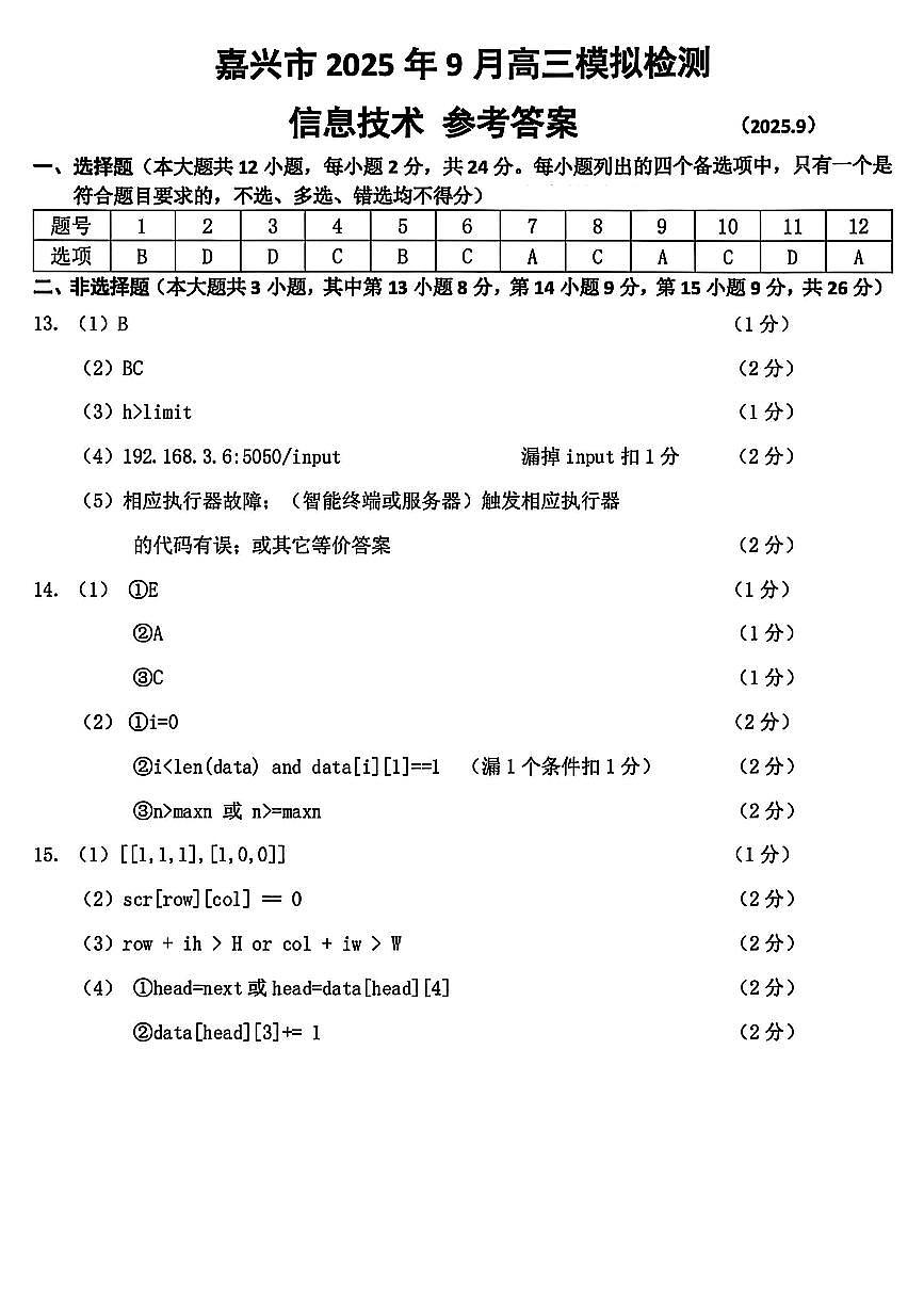 技术试题卷答案                      【浙江卷】浙江省嘉兴市2025年9月高三基础测试(9.17-9.19).pdf第1页