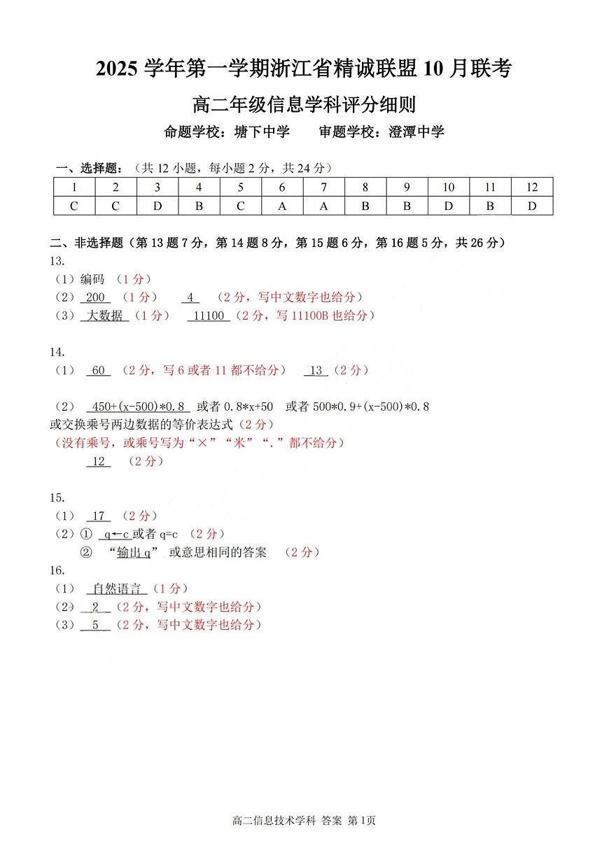 2025学年第一学期浙江省精诚联盟高二年级10月联考 技术答案第1页