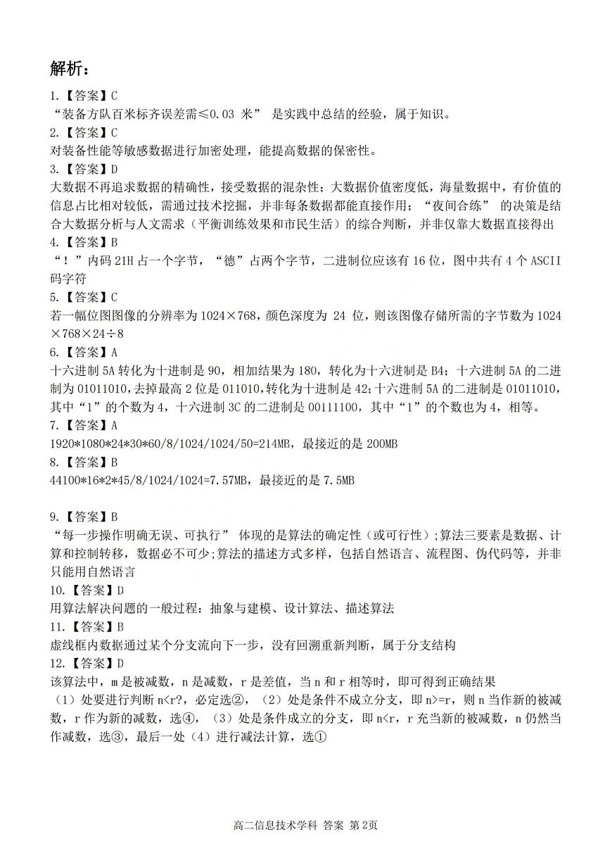2025学年第一学期浙江省精诚联盟高二年级10月联考 技术答案第2页