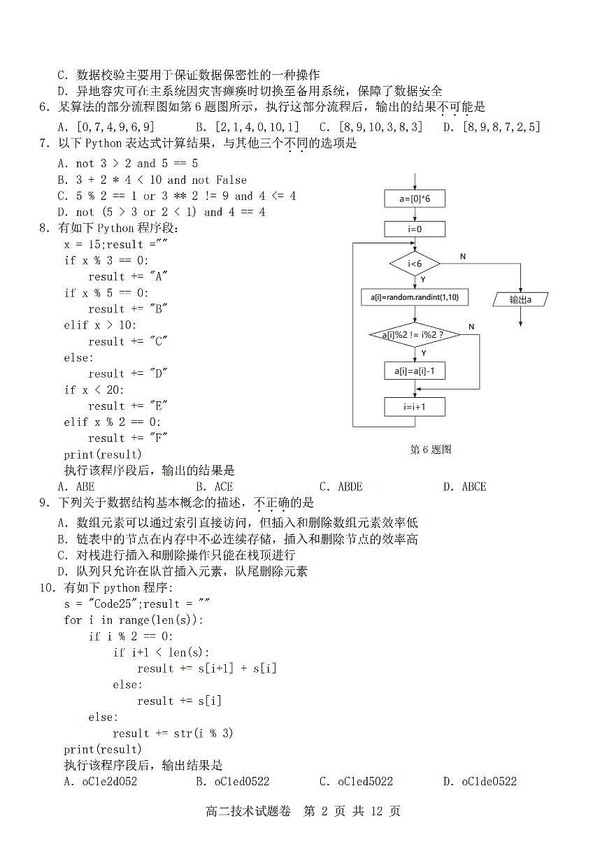 浙江省杭州市地区(含周边)重点中学2025学年第一学期高二年级期中考试信息技术试卷（含答案）第2页
