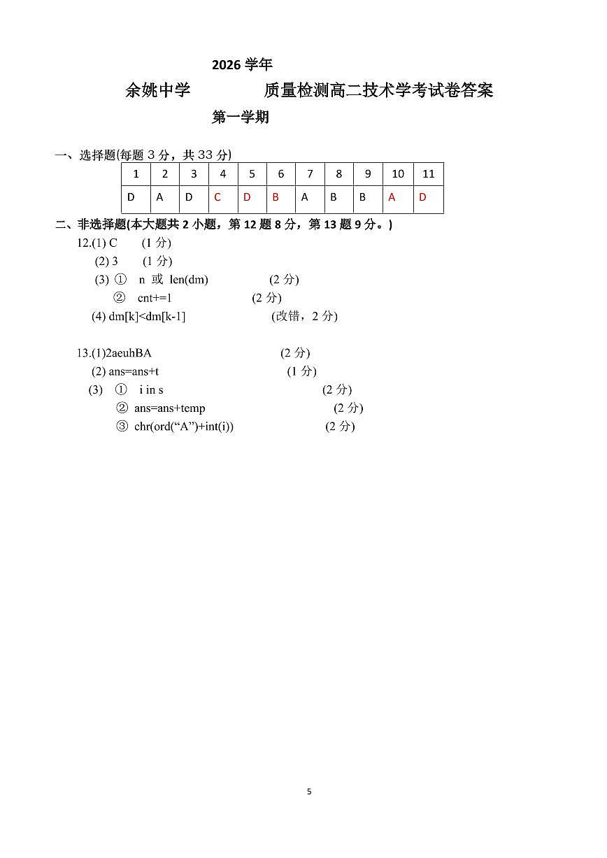 （答案）高二信息技术学考质量检测12.24new第1页