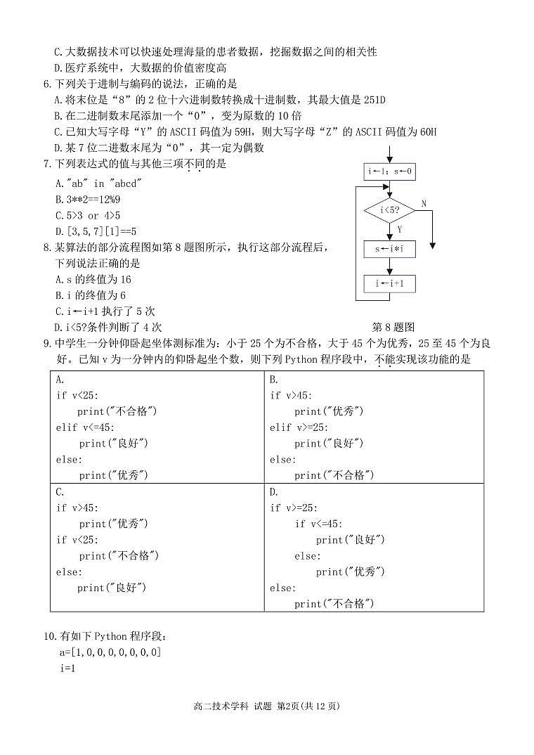 浙江省2024年丽水五校高中发展共同体期中联考高二上学期试卷信息技术试卷（无答案）第2页