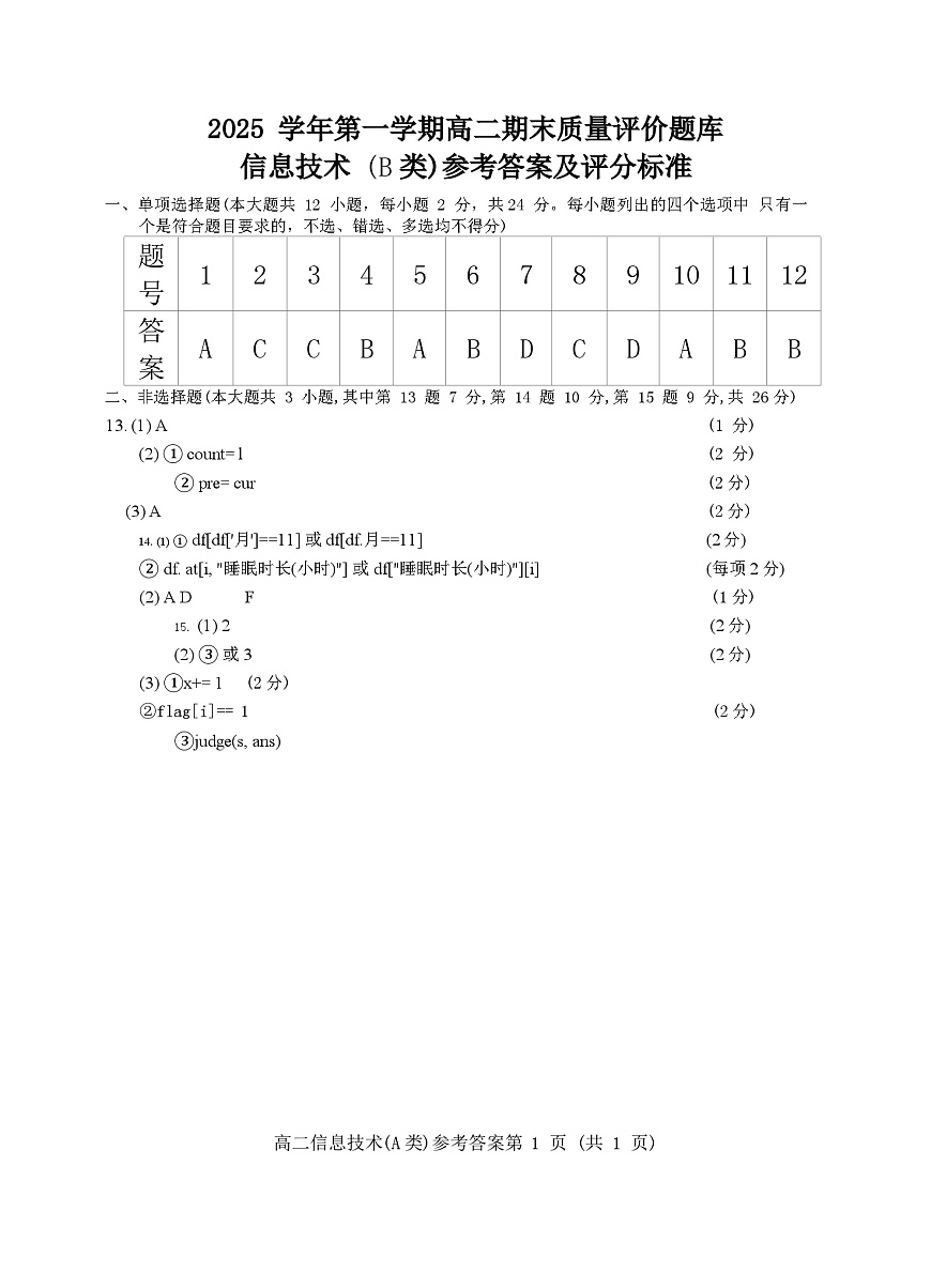 技术b答案-2601温州高二期末第1页