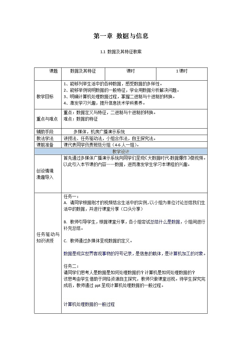 粤教版（2019）必修1高中信息技术 1.1 数据及其特征 PPT课件 (共24张)+教案+练习（含答案）+视频01