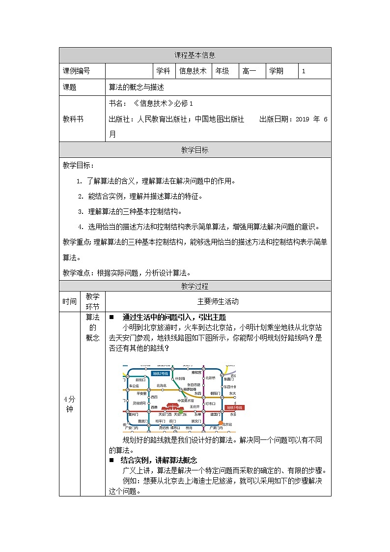 中图版高中信息技术必修1  2.2 算法概念与描述 课件+教案+学习任务单+练习题01