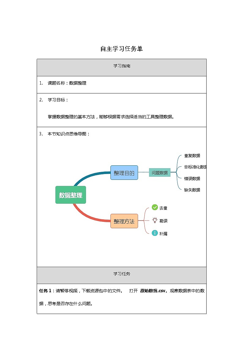 中图版高中信息技术必修1  3.2.2 数据整理 课件+教案+练习+任务单01