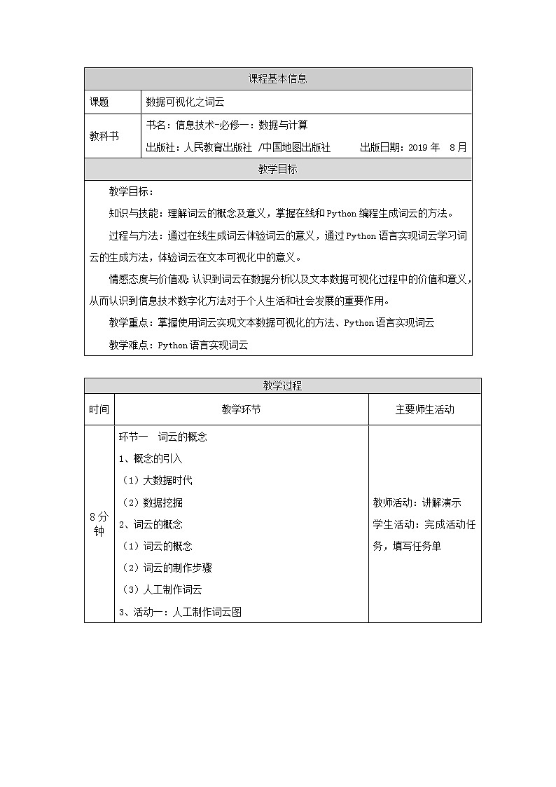中图版高中信息技术必修1  3.3.2 数据可视化之词云 课件+教案+练习01