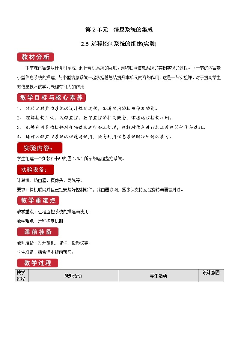 教科版信息技术必修2 2.5 远程控制系统的组建 教案第1页
