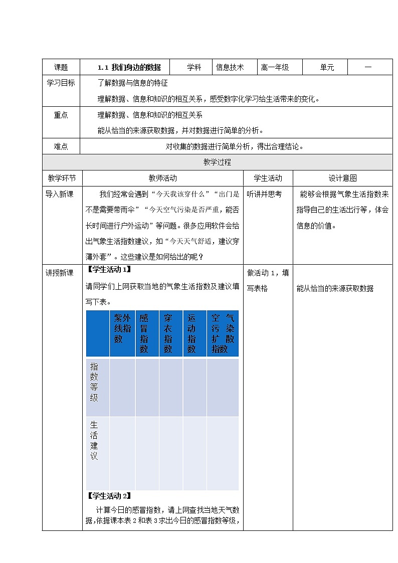教科版高中信息技术必修1数据与计算 1.1 我们身边的数据 第1课时 教案01