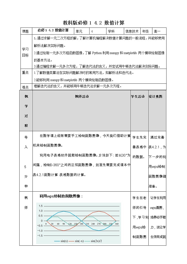 教科版高中信息技术必修1数据与计算 4.2 数值计算 教案01