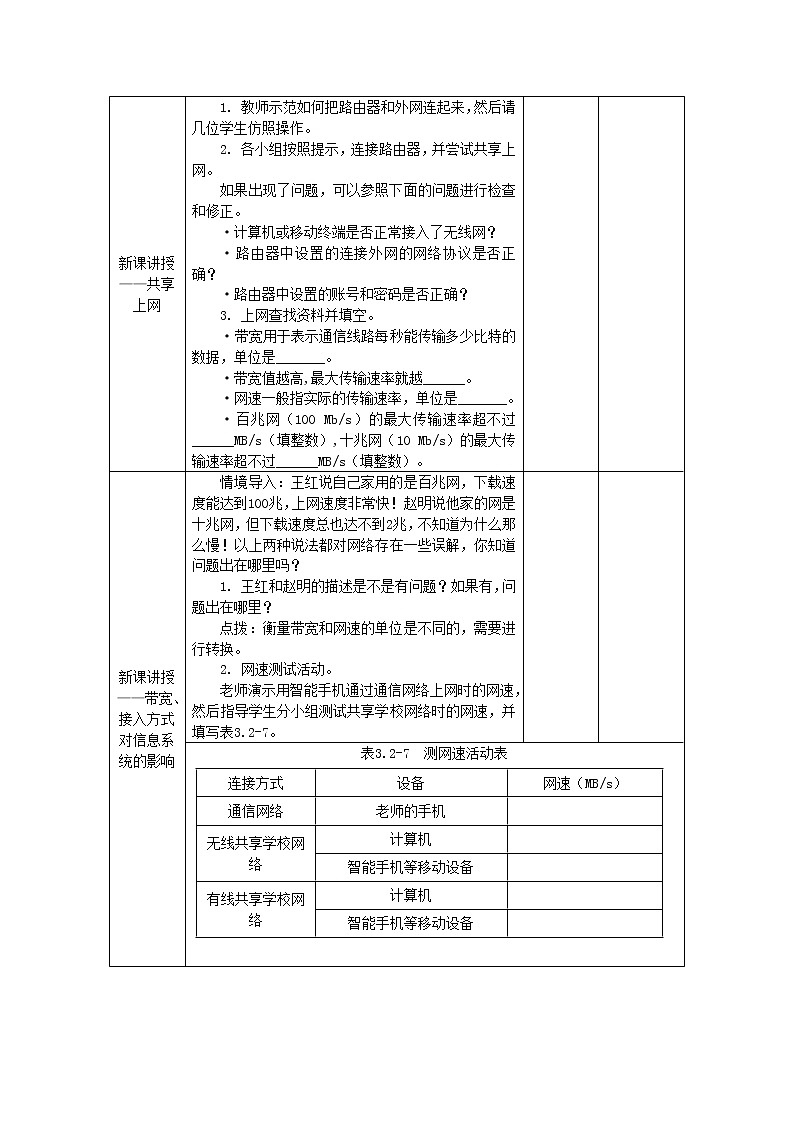 中图人教版信息技术必修二 3.2.8+3.2.9 带宽、接入方式和信息系统 教案02