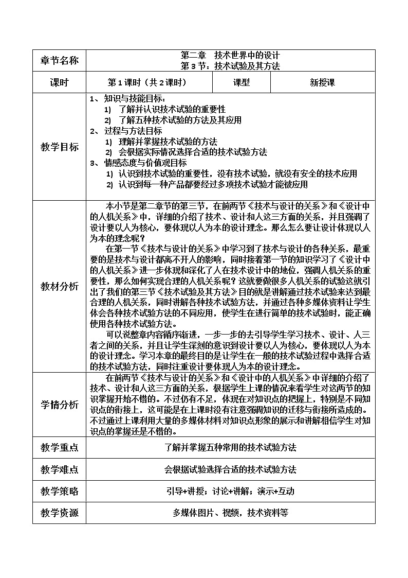 苏教版高中通用技术 必修一2.3 技术试验及其方法 教案第1页