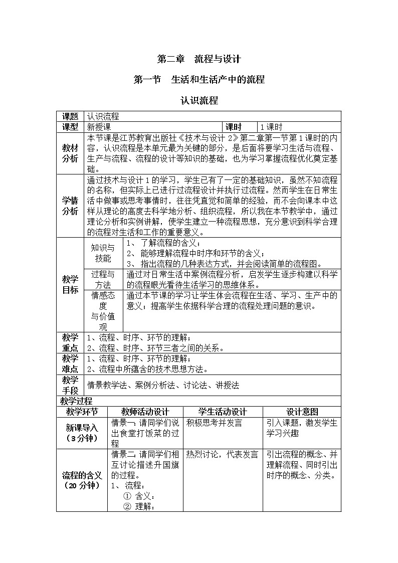 苏教版高中通用技术 必修2 2.1 生活和生产中的流程（教案）01