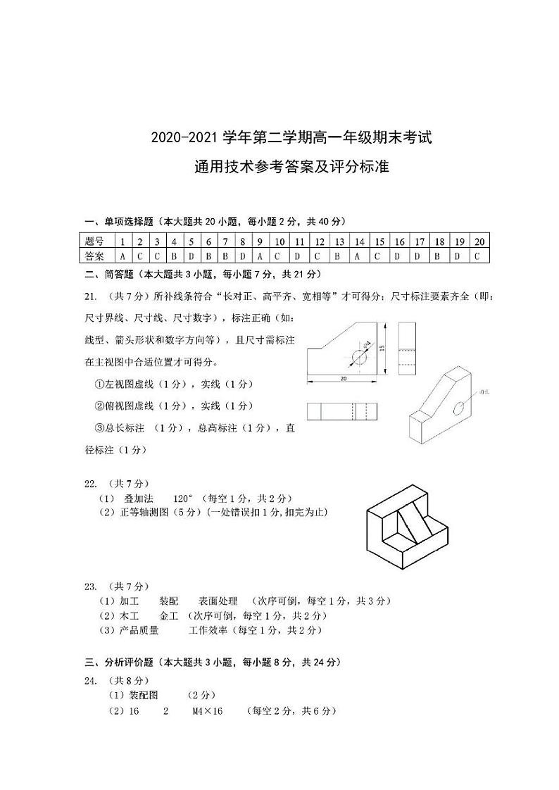 2021太原高一下学期期末考试通用技术试题PDF版含答案01