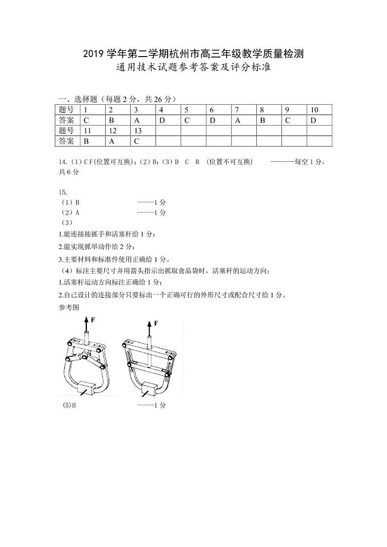 2020杭州高三下学期教学质量检测通用技术试题PDF版含答案01