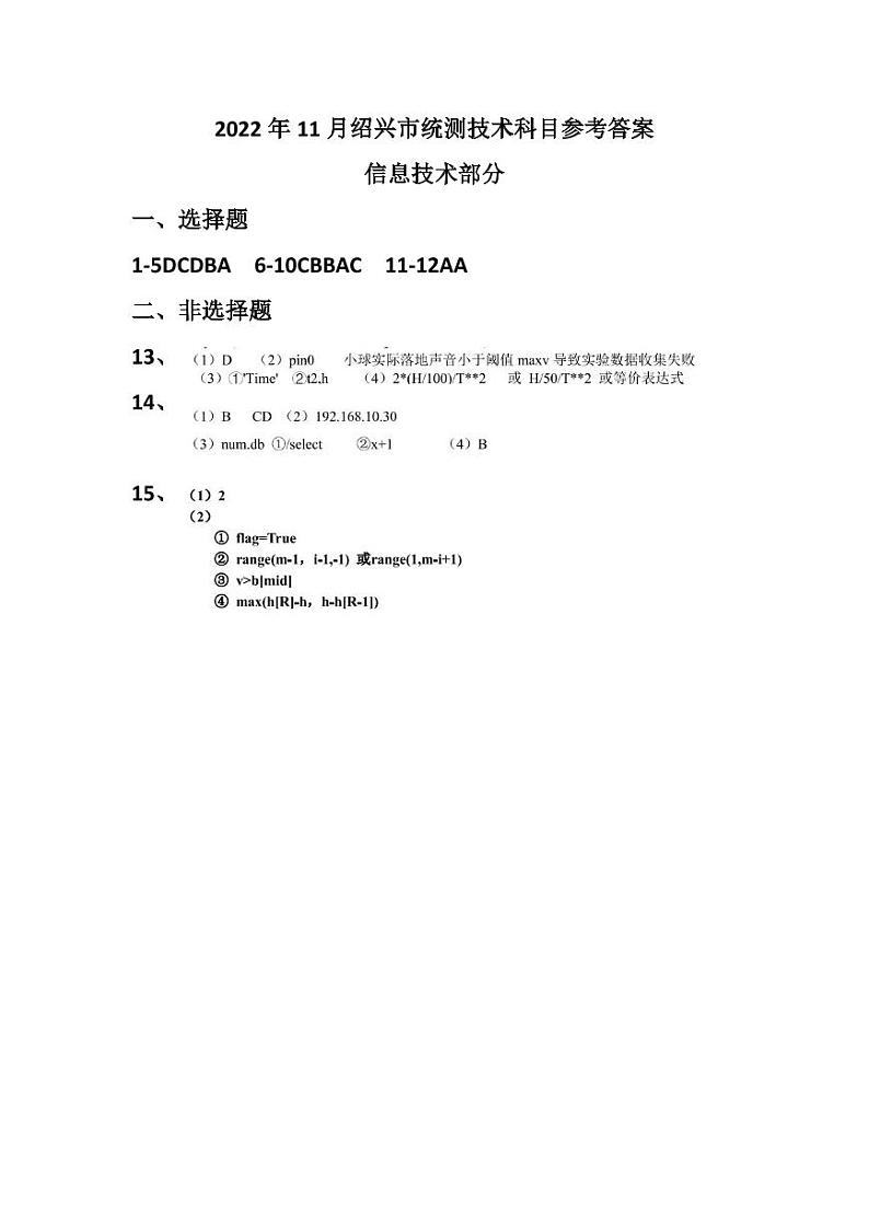 2022年11月绍兴市统测（一模）技术科目参考答案第1页