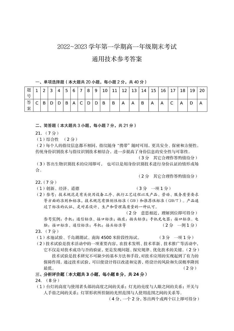2022-2023山西省太原市高一第一学期期末考试 通用技术试题及答案01