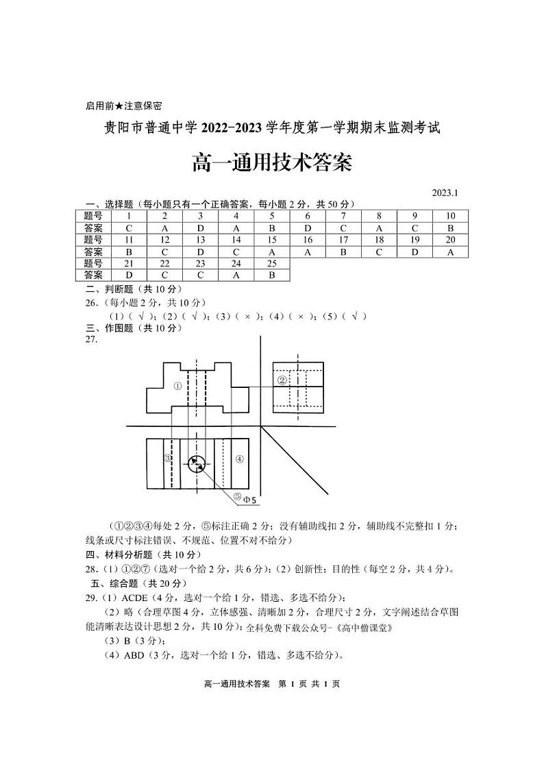 贵州省贵阳市普通中学2022-2023学年高一上学期期末监测通用技术试题答案第1页