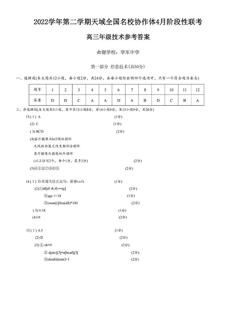 浙江省天域全国名校协作体2022-2023学年高三下学期4月阶段性联考 技术答案第1页