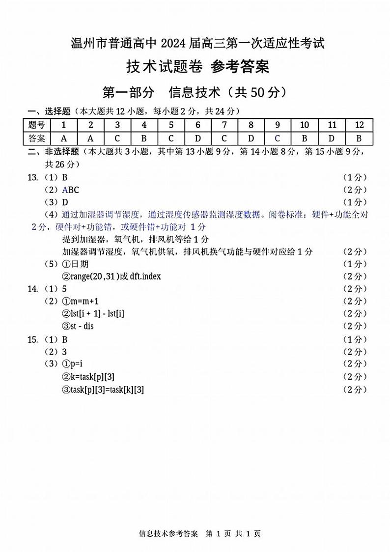 浙江省温州市2024届高三上学期普通高中上学期第一次适应性考试（一模）通用技术试题含答案01