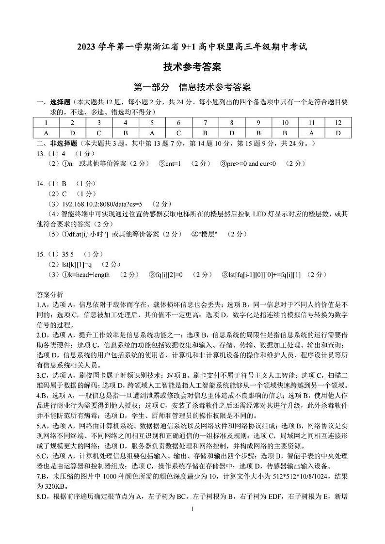 浙江省9+1高中联盟2024届高三上学期期中考试通用技术模拟试卷含答案01
