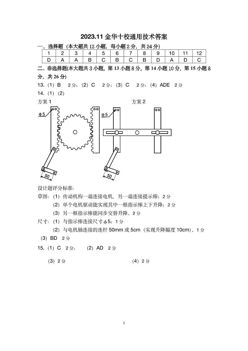 金华十校2023年高三通用技术模拟考试参考答案第1页