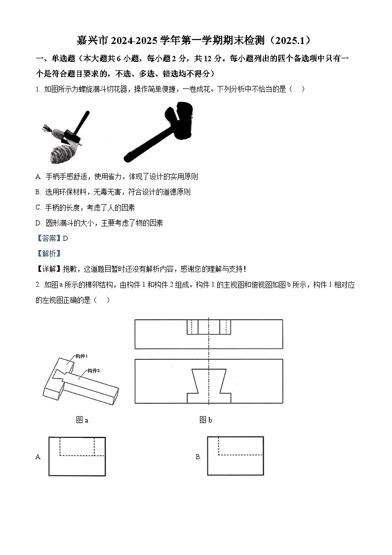 浙江省嘉兴市2024-2025学年高二上学期期末测试通用技术试卷 含解析第1页